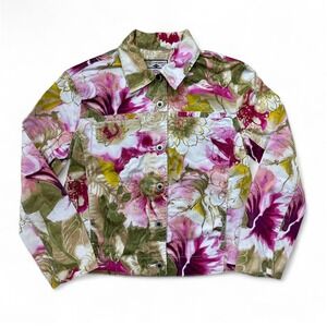 Caribbean Joe Floral Botanical Denim Stretch Button Up Jacket Pockets Small